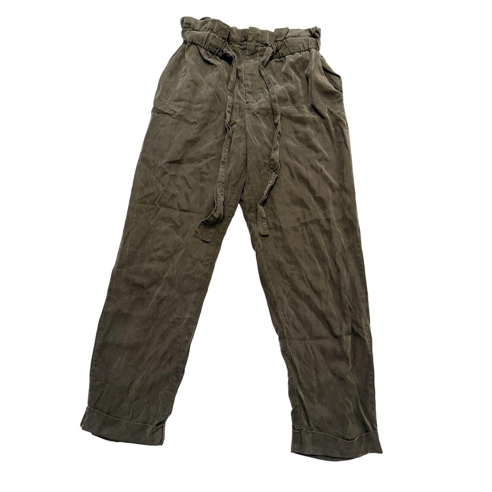 Mango Pants Womens XS Green High Rise Paperbag Waist Belted Tapered Twill Casual